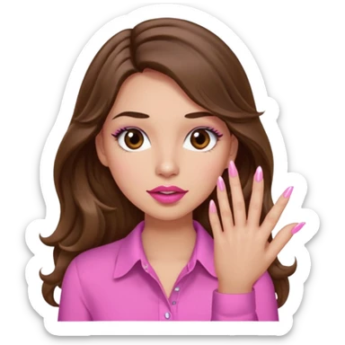 girl with long wavy brown hair, brown eyes, light to medium complexion, in a pink shirt, pink lips, long lashes, puckered lips,  showing  finger nails sticker