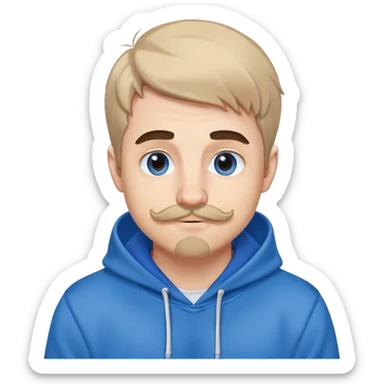 Mr. Beast wearing a blue hoodie, small ferret mustache, small light beard, playful expression sticker