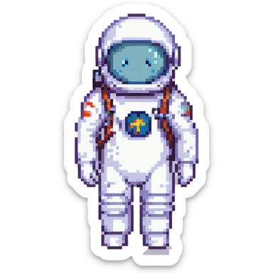 pixel art icon of an astronaut with badge or info symbol, blending user avatar and informational icon, simple and clear sticker