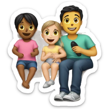 3 kids and a baby playing in front of a television sticker