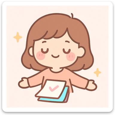 white girl with brown hair, slight smile, relieved expression, relaxed head, after finishing tasks, kawaii style sticker