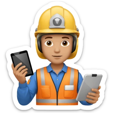 a guy wearing safety outfit with helmet holding a safety first tablet sticker