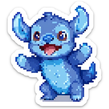 Stitch from Lilo & Stitch, pixel art style, jumping, excited expression, blue fur sticker