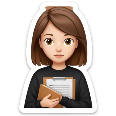 a girl with documents in her hands, in a black sweatshirt with brown hair with a square sticker