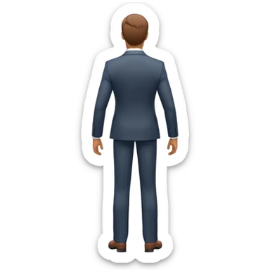 professional person in suit, viewed from 3/4 rear angle, standing upright, arms at sides, minimal and clean emoji style, white background sticker