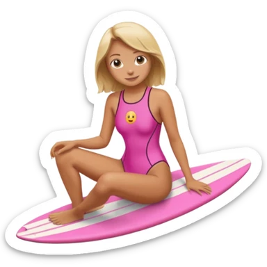 surf girl sitting on a board, pink one-piece swimsuit, relaxed, emoji style sticker