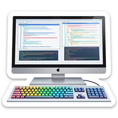 An icon featuring two large monitors filled with colorful code lines, symbolizing programming. The design includes a keyboard, terminal windows, and flowcharts in the background, representing software development, logic, and debugging. Transparent background sticker