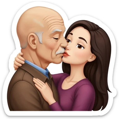 Beautiful woman with long dark hair, kissing a old brown bald man sticker