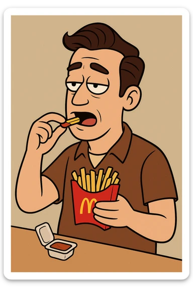 Side oil head brown shirt beige shirts  eating mcdonalds fries some sauce sticker