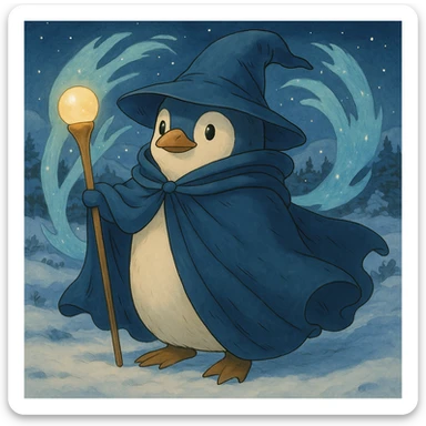 Add a snowy landscape background behind the ghibli style penguin wizard, keep all original colors and style sticker