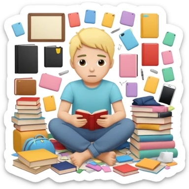messy room with scattered objects, clothes and books everywhere, simplified human character looking slightly overwhelmed but safe, everyday chaos, flat custom emoji sticker, pastel colors, rounded shapes, minimal details, thick outline, white background, no text sticker