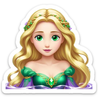 Cinematic Stunning Rapunzel Portrait Emoji, Golden hair cascading in a luminous waterfall, big emerald-green eyes full of wonder, wearing her iconic purple gown, radiating beauty and magic, glowing with fairy-tale charm! sticker