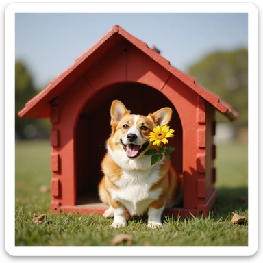 realistic red dog house with a Corgi dog inside, Corgi with a flower, photorealistic style sticker