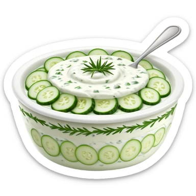 Cinematic Realistic Tzatziki Dish Emoji, featuring a creamy, tangy yogurt sauce with cucumber and herbs rendered with soft textures and cool, refreshing lighting. sticker