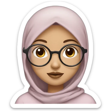 Hijab black color white fair skin girl brown eyes wearing round circular metal glasses, no make up, big cheeks, almond eyes, small pink lips, triangle nose sticker