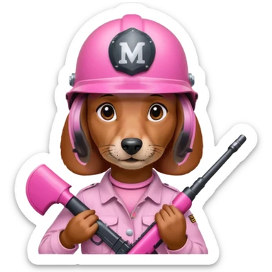 Dachshund dog (Girly one) holding pink m16 and helmet  sticker