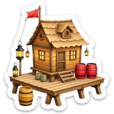
fisherman house on a wooden pier, small dock, fishing nets hanging, barrels, lantern, ocean vibe, 3D cartoon, cute mobile game icon, clean background, no text
 sticker