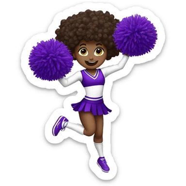 Caucasian cheerleader with dark brown curly hair, jumping and holding up two purple Pom poms, small full body emoji sticker