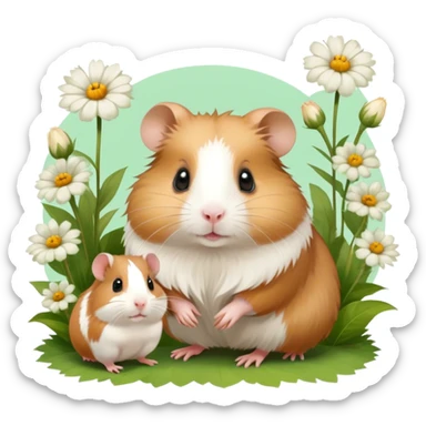 Icon for Hamster and Guinea Pig: A portrait-style collage with a fluffy hamster with soft fur, looking curious, and a friendly guinea pig with long, smooth fur, both on a soft green background with flowers and soft light. Transparent background. sticker