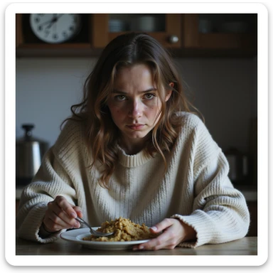 frail young woman in oversized sweater, pushing cold food on plate with fork, dark circles under eyes, kitchen clock at 3PM, natural light highlighting gaunt features, hyperrealistic 4K scene sticker