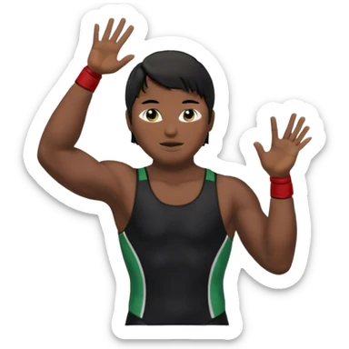 Wrestler with laurel wreath on head, right hand is up, black hair, black eyes, black wrestling suit with fit body sticker