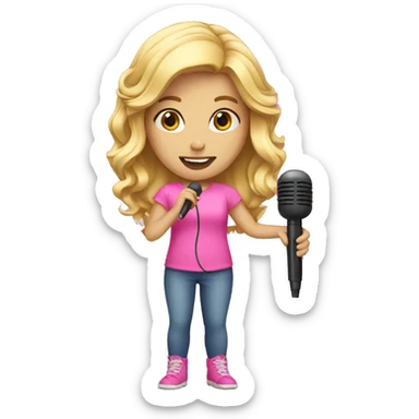 blonde girl wearing pink with a microphone sticker