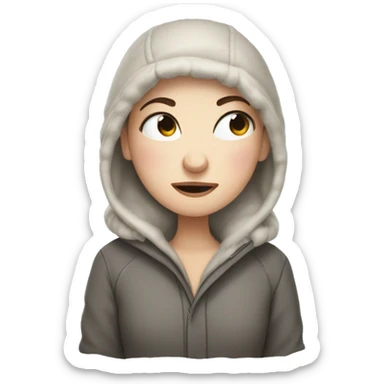 A white girl with squinted eyes freezes in the cold, hugs herself to keep warm sticker