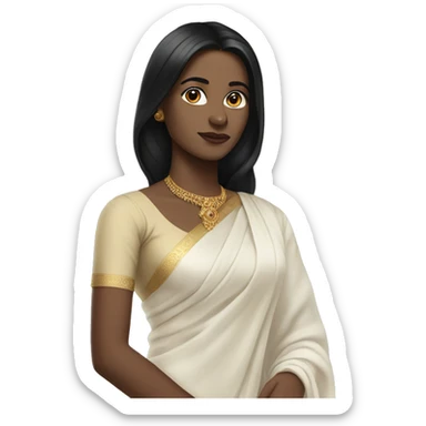  beige skin ;Black long hair wearing white saree sticker