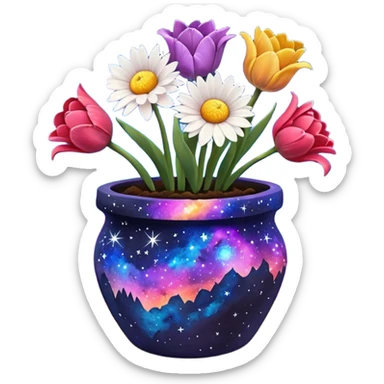 Galaxy Painted flower clay pot of Space Petalled Daisies, Nebula Petalled Roses, And Milky Way Petalled Tulips, sticker