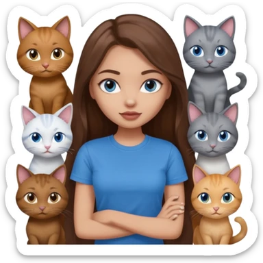 a pretty bratz dusky light skin girl with long brown hair, blue eyes with six cats nd wearing a grey tshirt sticker