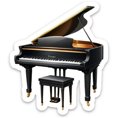 Icon for Musical Theater: a stage with a grand piano, musical notes, a spotlight, and theatrical curtains. The icon should represent the fusion of music and theater, with emphasis on performance and orchestration. Transparent background. sticker