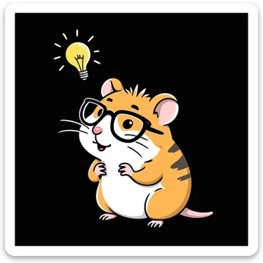 unique, colorful, hand-drawn, modern, realistic hamster with cool glasses, thinking about an idea with a lightbulb above its head, solid black background, illustrated in Procreate on an iPad, not kiddish sticker