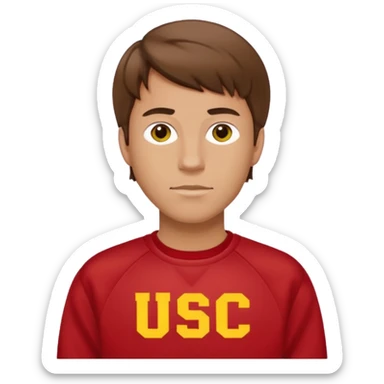 white man with brown hair in a red sweatshirt with USC in yellow letters sticker