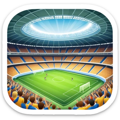 An icon showing a large, beautiful indoor stadium with soccer players on the field, actively playing. Fans cheer from the stands, creating a vibrant and energetic atmosphere. Bright lights shine down on the action, symbolizing the excitement of live sporting events. Transparent background. sticker