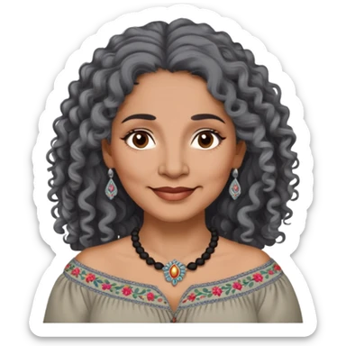 Latina woman, about 55 years old, dark warm brown skin, round soft face, long curly black and gray hair, no headband, medium eyes, thin eyebrows, gentle smile, gray peasant blouse with embroidery, bare shoulders, large dark necklace sticker