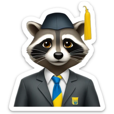 A raccoon student in a suit in the color of the Ukrainian flag in a square academic cap sticker