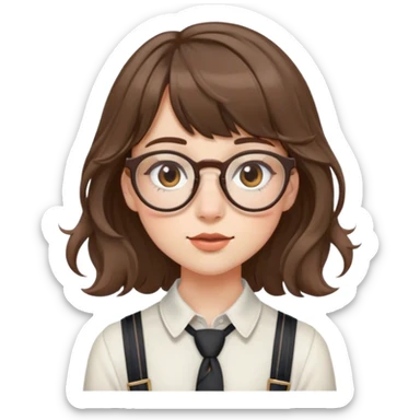 A girl with fair skin, single eyelids, a small nose, a small mouth, thin-framed glasses, bangs, brown wavy hair, and suspenders sticker
