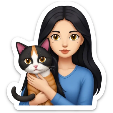 Medium skin Woman with long black hair with a tricolor cat  sticker