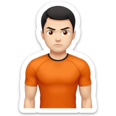 Mach mir einen unglücklichen typen der im gym trainert und viele muskeln hat mit einem orangen sport thshirt und schwarzen kurzen haaren sticker