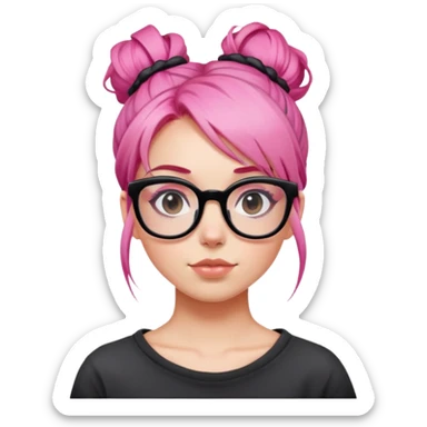 Girl with pink hair in a messy bun and big square black glasses sticker