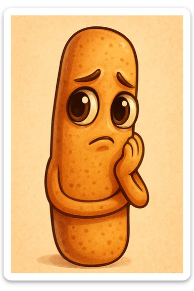 Create a cartoon style emoji of a breadstick shaped character with a thoughtful expression inspired by the face in the reference photo. The breadstick has large, deep eyes, a closed mouth, and a reflective gaze. Use warm colors and a friendly, charming atmosphere. sticker