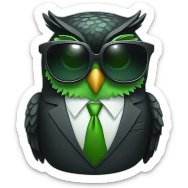 smiling black and green owl in a suit with cool sunglasses sticker
