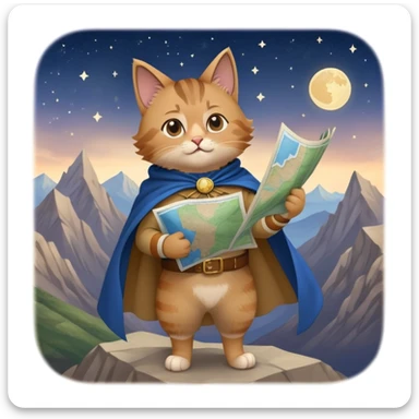 Explorer cat holding a map, mountains and stars in background, wearing light clothes and cape blowing in wind, looking into distance sticker