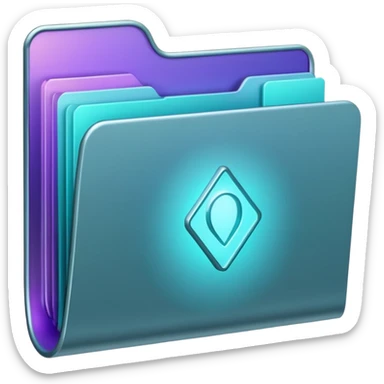 A minimalist glowing folder icon floating on a soft beige background, with subtle purple and teal lighting. The folder is slightly open, and a gentle magical light glows from inside — representing creativity and mystery. sticker