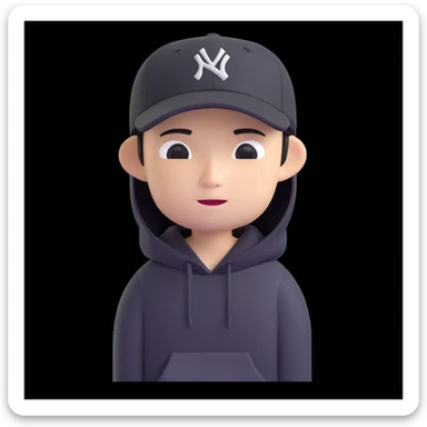 memoji-style Chinese American character for a profile photo, wearing a hoodie and a baseball cap tilted to the side, neutral expression, plain background sticker