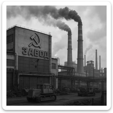 Soviet heavy equipment plant, factory exterior, hammer and sickle, smokestacks, industrial landscape sticker