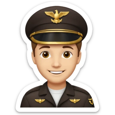 A light-skinned man with short brown hair, brown eyes, and a cheerful smile, wearing a dark pilot cap with a gold emblem. sticker