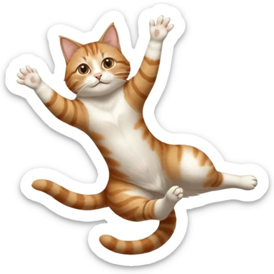 brown tabby and white cat with doing a big extremely long stretch reaching up into the air with arms and legs side by side together straight and overextended whilst lying on its side sticker