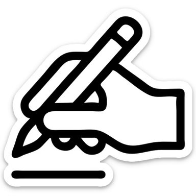 a hand holding a pen writing on paper, minimalist icon style sticker