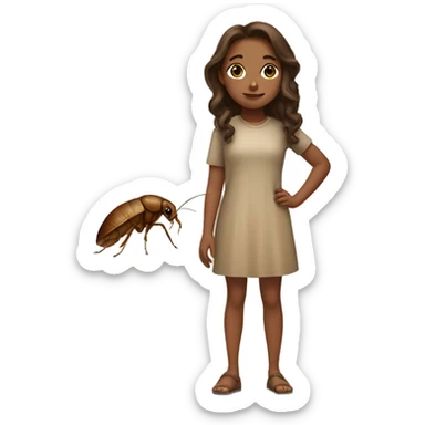 a tan brown haired girl standing next to a roach  sticker